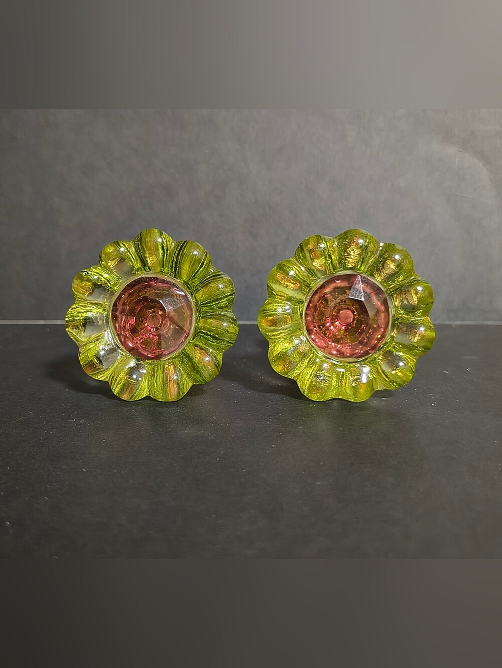 2 Floral Glass Cabinet Knobs Brass Drawer Pull Green Gold Pink
